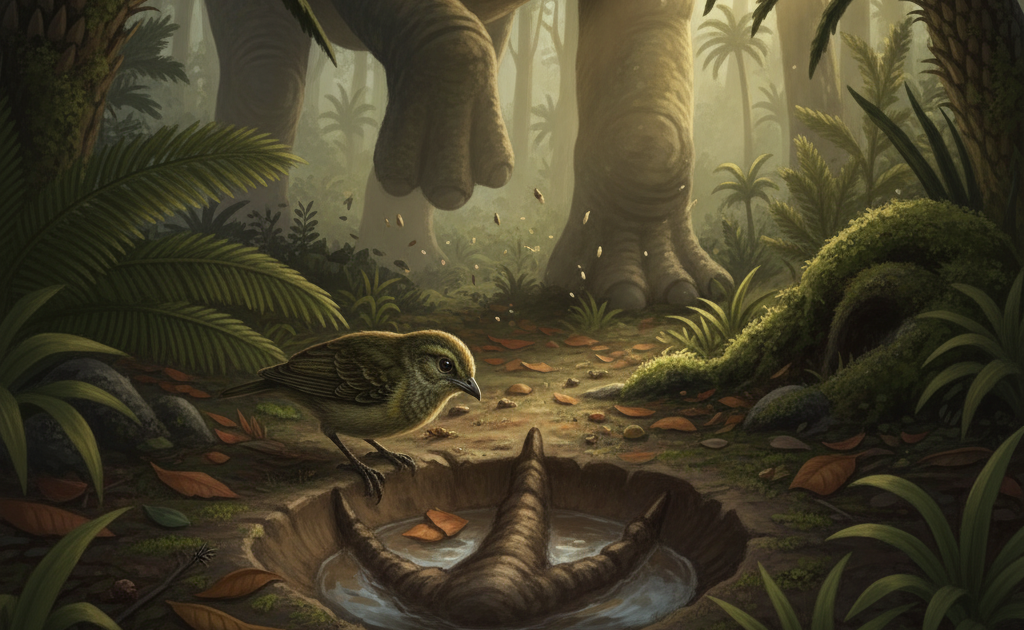 Ilustrasi rekonstruksi ilmiah fosil burung purba mini yang pernah hidup pada zaman dinosaurus